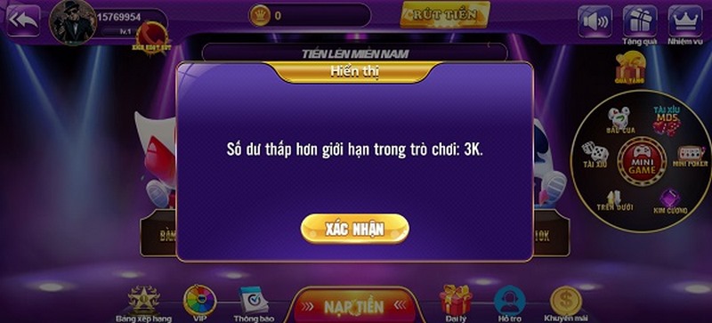 Người chơi không thể bắt đầu ván game khi tài khoản hết vốn