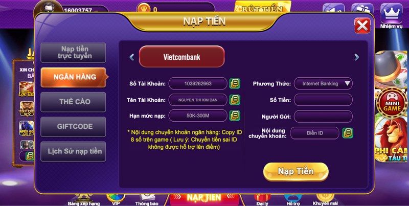 Nhập thông tin chuẩn chỉnh để tiến hành nạp tiền 68 Game Bài